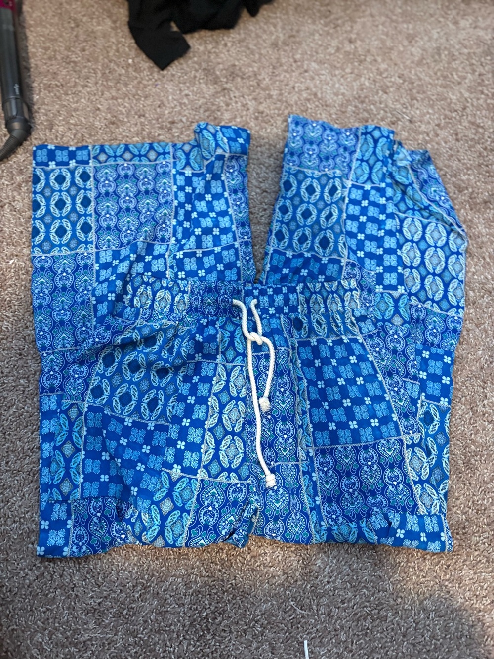 Blue Patchwork Print Drawstring Shorts